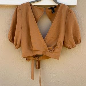 F21 mustard-orange cropped wrap top